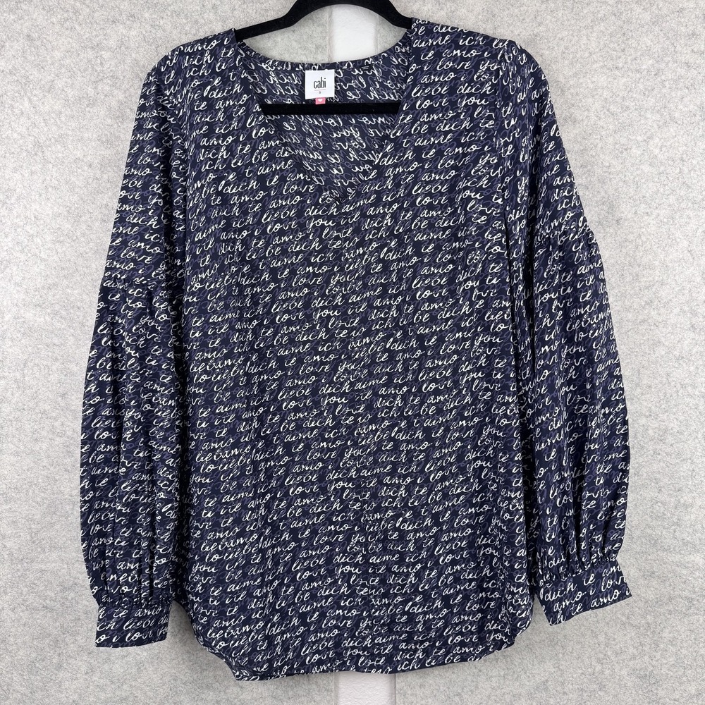 CAbi Blouse Womens Small Blue Love Script Print V Neck Long Sleeve Tunic Top